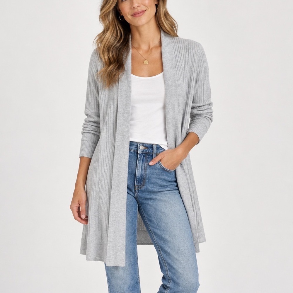 Loft Light Gray Ribbed Open Front Cardigan Small NWT